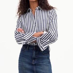 Madewell Easy V-Neck Button Up Shirt Dark Midnight Stripe Size XXS NWT